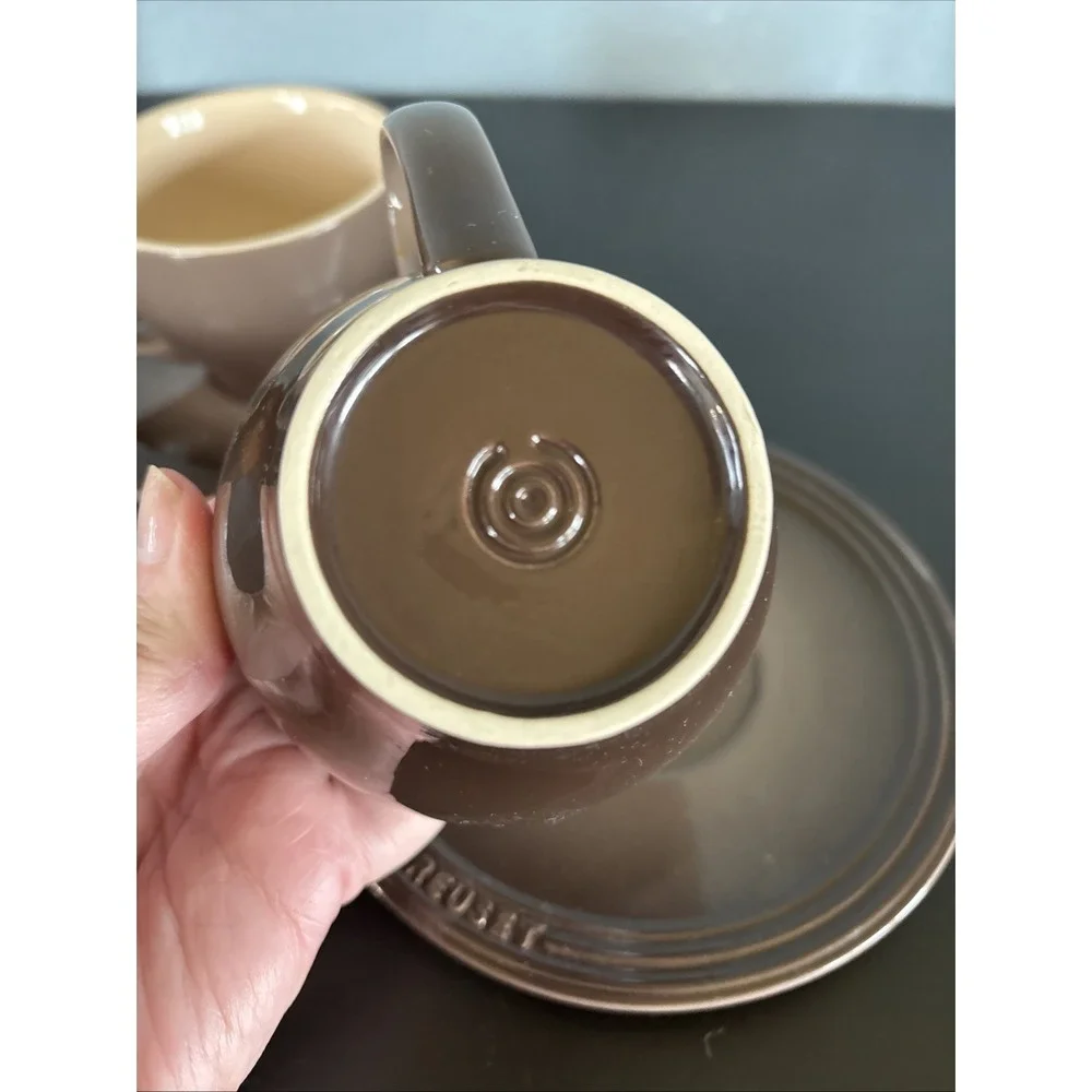 Le Creuset Tea Cup & Saucer Brown Gray Set of 2 Stoneware